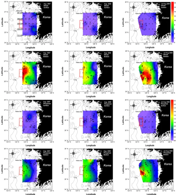 Fig. 3. Horizontal distributions of nitrate(μM) and phosphate(μM) at the surface and bottom waters in the Yellow Sea during  summer 2007-2009(NFRDI; this study, 2009).