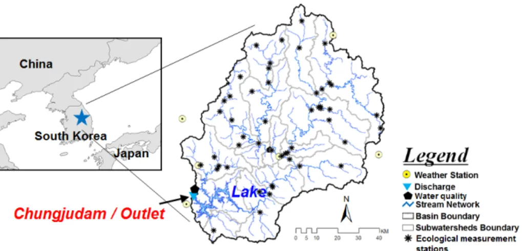 Fig. 1  Location of the study watershed, and weather, streamflow and water quality gauging stations