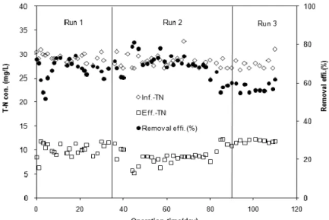 Fig. 5. Variation of influent and effluent NH 4 + -N  concentration at different DO concentration.