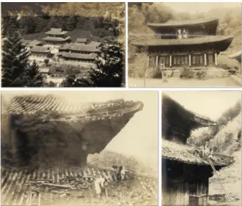 그림 4. 수리 전 장안사 및 대웅전 전경, 지붕 파손 현황 10월에 조선총독부 촉탁 고적조사위원 세키노 타다시 (關野貞)가 현장을 시찰하고, 자문의견서 42) 를 수리계획 을 수립 중이던 오가와에게 전달하였다