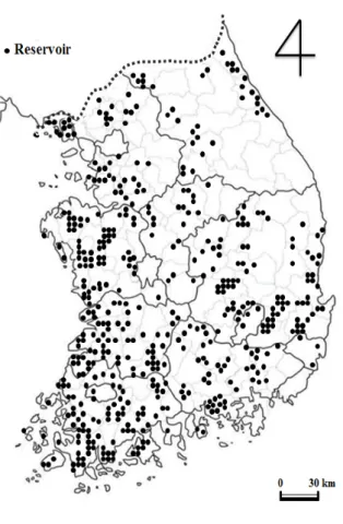 Fig. 1 Location of study reservoirs 학적 영향을 나타낼 수 없는 한계를 가지고 있다. 이에 본 연구에서는 농업용수 잠재능이라는 개념을 도입하여 농업용 저수지를 대상으로 그 구성성분인 물의 평균 연회전율 (이하 평균 연회전율)과 단위저수량의 특성을 검토하고자 한다