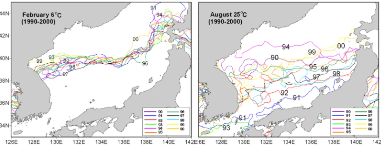 Fig. 4. Interannual variations of SST derived from satellite data in February (left) and August (right) from 1990 to 2000
