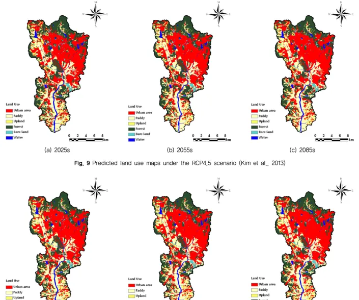 Fig. 10 Predicted land use maps under the RCP8.5 scenario (Kim et al., 2013) Table 2 Curve number (Ⅲ) under the RCP4.5 and 8.5 scenarios (Kim et al., 2013)