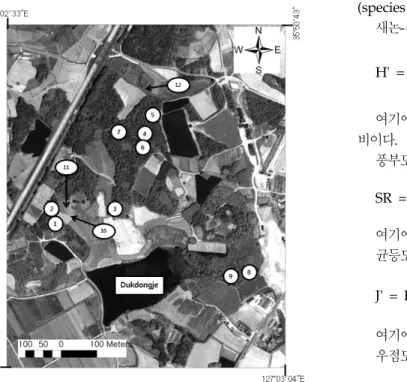 Fig. 1. Distribution of the sampling sites in the study  area.     식생과 토양무척추동물의 상관성에 대한 연구는 국외에서  주로  수행되어져왔으며12-16) ,  국내에서는 몇몇 연구자들에 의해서  이루어졌다17,18)