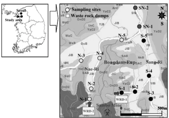 Fig. 1. Study area and sample location of the Sambo mine creek.