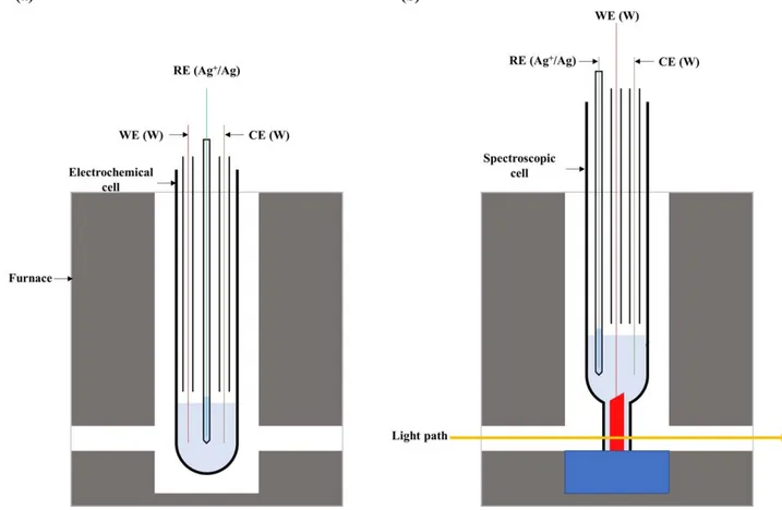 Figure 1. Schematics of (a) system for electrochemistry and (b) system for spectroscopy and spectroelectrochemistry.