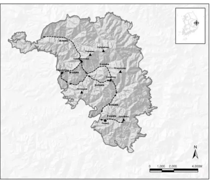 Fig. 1. The survey routes of this study. 을, 초본의 경우 초장의 한계선을 선정하였다. 군락출 현종은 자생지 중심에서부터 가장 이격된 개체가 출 현한 지점까지 측정하여 산정하였고 소수점 이하는  삭제하여 계산하였으며,  최종  자생지 면적을 합산하 였다