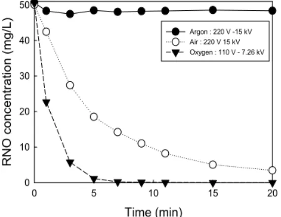 Fig.  2.  Effect  of  gas  type  on  the  RNO  degradation  (Gas  flow rate, 5 L/min).