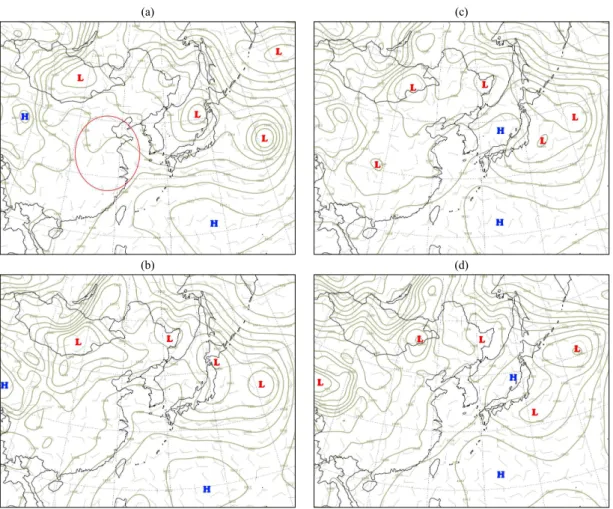 Fig. 12. Surface pressure (hpa) and wind flag changes at (a) 0900 LST 13, (b) 2100 LST 13, (c) 0900 LST 14, (d) 2100 LST  14 August 2009 during the period of Fig