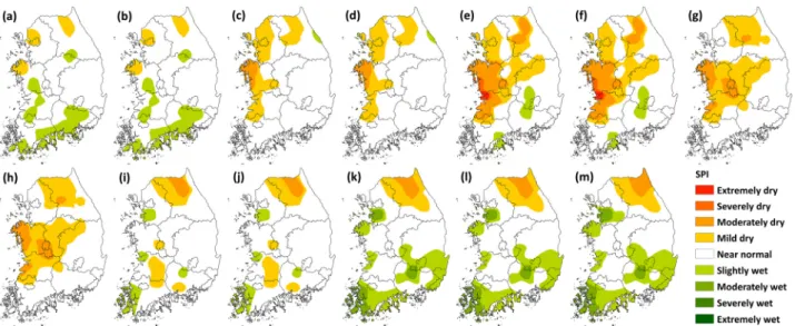 Fig. 3 Time series drought map of 36-weeks SPI in 2012 from (a) Apr. 7-Apr. 22 to (m) Oct