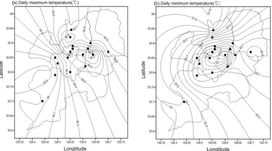 Fig. 7.  The distributions of (a) maximum temperature and (b) minimum temperature, respectively.