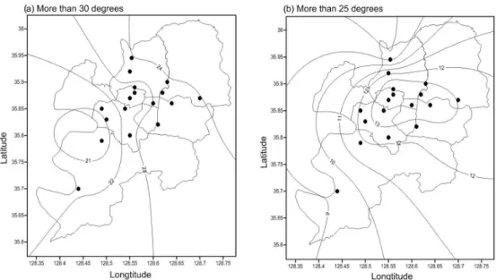 Fig. 8. The distribution of (a) tropical days and (b) tropical night days.