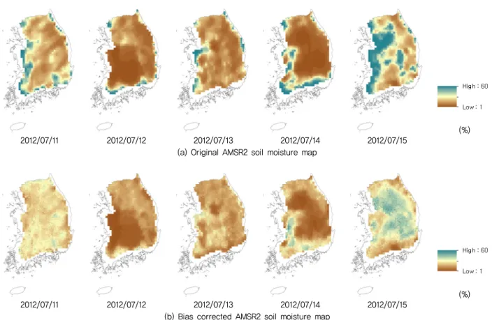 Fig. 5 AMSR2, and bias corrected AMSR2 soil moisture map samples
