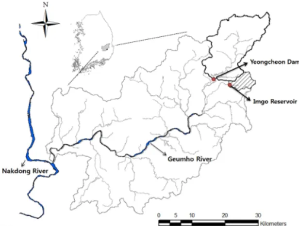 Fig. 1 The location of study area (Imgo reservoir watershed)다. 둑높임 사업 전·후의 하류 홍수조절 효과를 분석하기 위해 