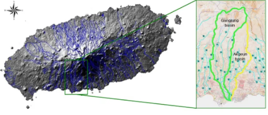 Fig. 1. Basin for the study.요하지만, 상시하천에 대한 조사는 매우 미흡한 실정이며 지표수 관련 기초자료도 매우 부족한 편이다.Moon 등(2005)은 상시 하천수의 흐름이 유지되는 제주도의 주요 하천(외도천, 옹포천, 강정천, 연외천)을 대상으로 FLOW-MATE(MODEL, 2000)를 이용하여 매월 1회 유속을 관측한 자료를 이용하여 연간 기저유출량의  규모를  산정하는  연구를  진행하였고, Jung과 Yang(2008)은 제