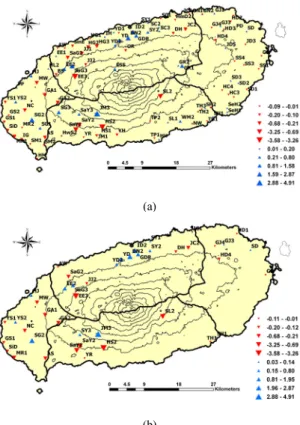 Fig. 3. Distribution of trend analysis of groundwater levels  using linear regression method(a) and non-parametric  method(b)
