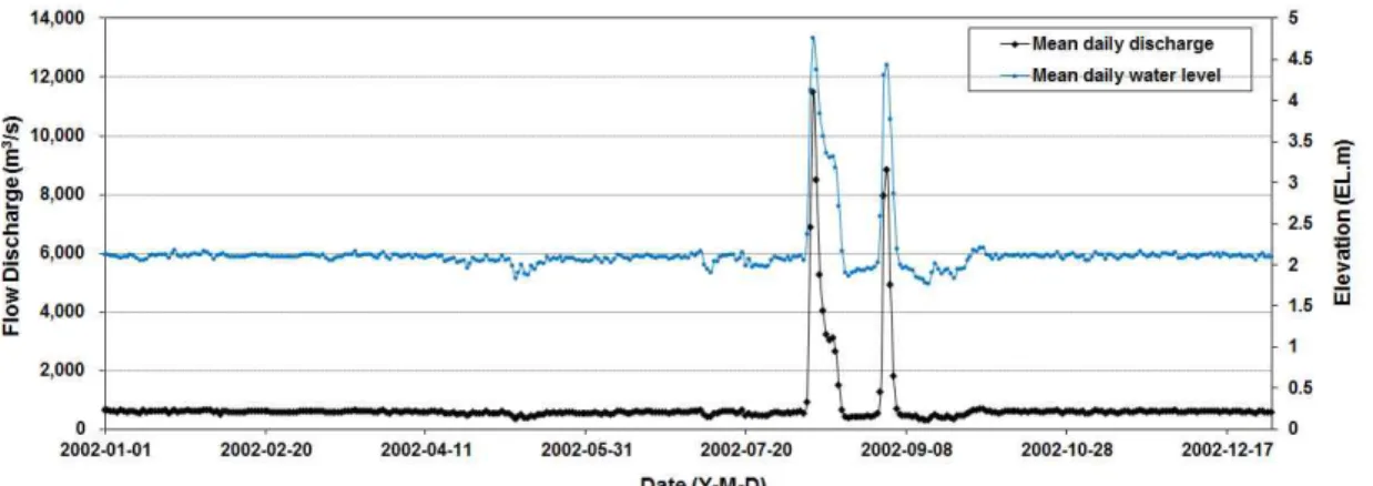 Fig. 3. Flow discharge and water elevation data at Gupo Station (2002).