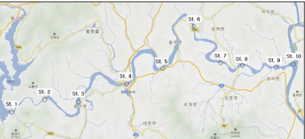 Fig. 1. Study areas of the Hwang River showing sampling locations and ecological quality classifications