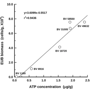 Fig. 6. Relationship of Eubacteria biomass and ATP  concentrations according to operated bed volume.