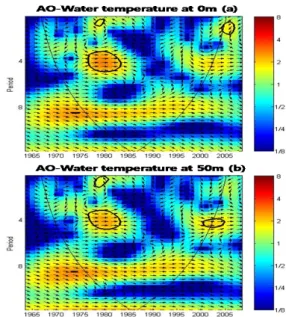 Fig. 8. The wavelet cross-spectrum between the SHI and  winter water temperature at 0 m  (a) and at 50 m (b)  in the ESY