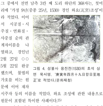 그림 4. 성불사 응진전(1530)의 초석 상 면 묵서명. ‘庚寅年四月十九日廿日至地 正’로 적었다.(문화재청) 그 중에서 전면 남측 3칸 째 도리 하단의 368자는, 첫머리에 ‘가정 9년(중종 25년, 1530) 경인 와요(瓦窯)조성’이라 적었다