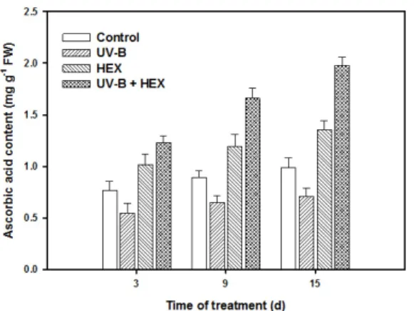 Fig. 7. Changes in ascorbic acid (AsA) content in cucumber  leaves treated with UV-B, HEX and their  combination