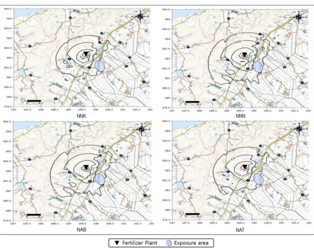 Fig. 3. CALPUFF modelling of TSNAs dispersion characteristics at emission sites in 2009