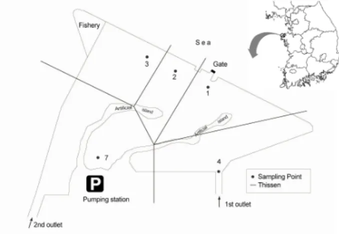 Fig. 1 Schematic map of the Iwon estuary reservoir with Thiessen  network for averaging salinity observations