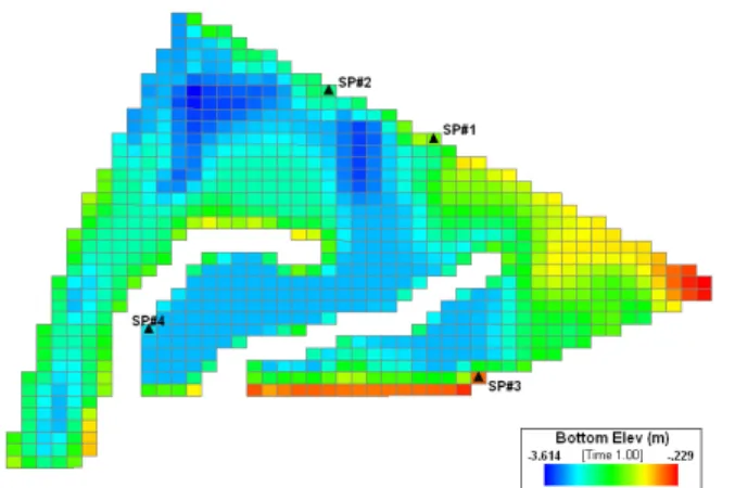 Fig. 3 Model grid mesh and bathymetry of the Iwon estuary  reservoir with the location of sampling points from SP#1 to  SP#4이 호소내 염도를 측정하는 지점은 5 개소이며, 염분수지 계산을 위한 호소 평균염도 산정을 위해 티센면적가중법을 적용하였다