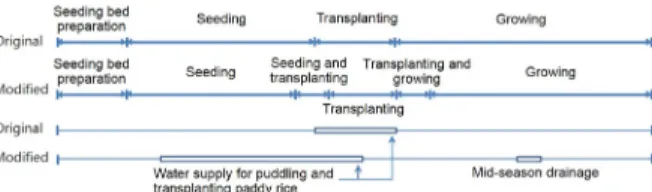 Fig. 1 Comparison of cropping periods and water management  methods between the original and modified DIROMs.