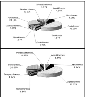 Fig. 2. Order ratio of fish on May (upper) and November  (low). 는 대부분 2종 또는 1종으로 나타났다