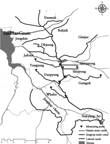 Fig.  1  Irrigation  canals  in  this  study  area  (Nam  et  al.,  2013b) Table  1  Irrigation  scheduling  of  water  supply  for  irrigation 