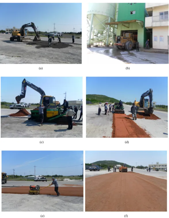 Fig. 9. Photographs of construction process of roller compacted concrete pavement. 