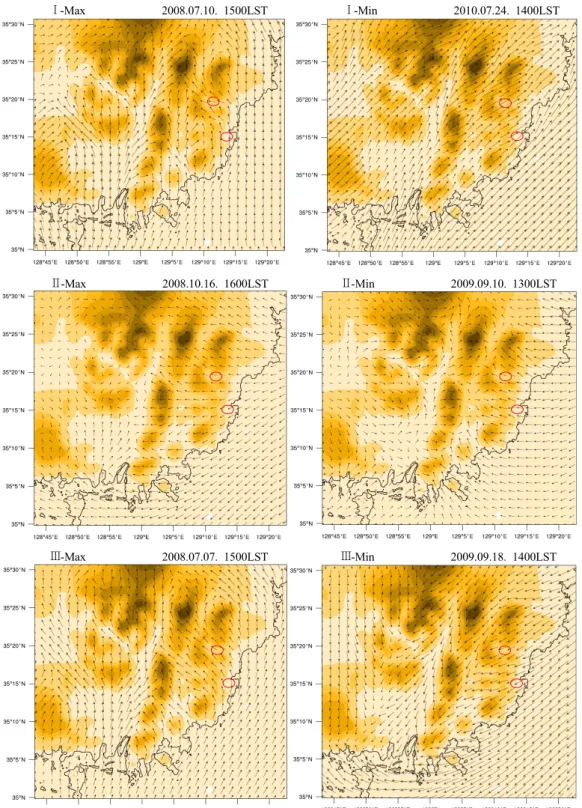 Fig. 11. Horizontal distributions of the simulated wind vector at the time of the maximum hourly ozone concentration of YS  site at each episode.
