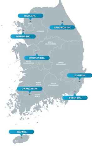 Fig. 1. The sampling site of airborne fungus for 2018- 2018-2019. Air samples were collected from eight Environmental Health Centers (EHC) in Korea