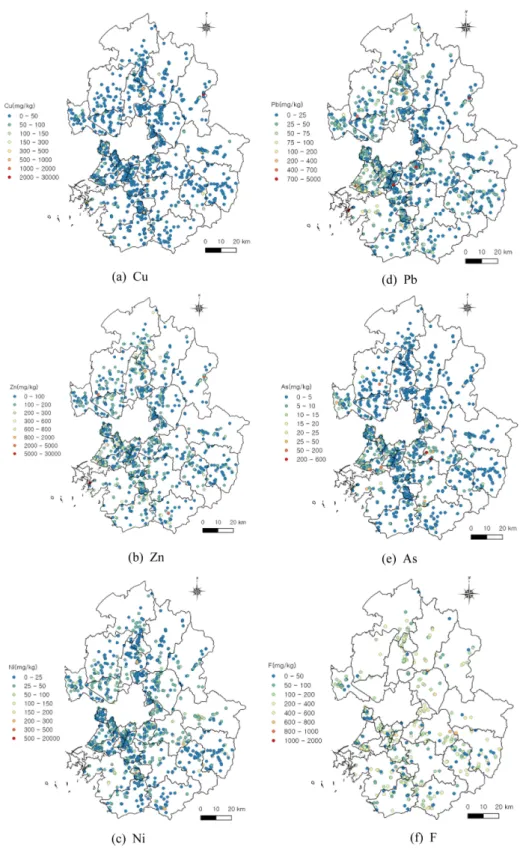 Fig. 4. Soil contamination map by the investigation items (Cu, Zn, Ni, Pb, As, F, TPH)