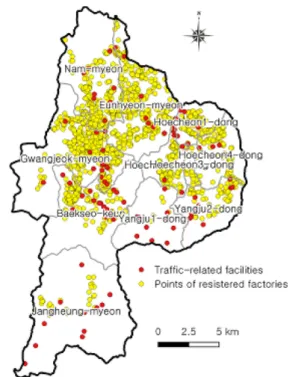 Fig. 6. Distribution map of registered factories and traffic- traffic-related facilities