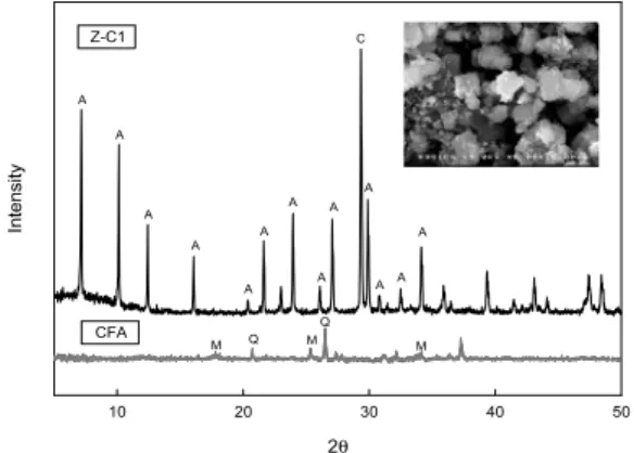 Fig. 1. XRD patterns of the CFA and the Z-C1. (A - Na-A  zeolite; C - Calcite(CaO); M - Mullite Q - Quartz)