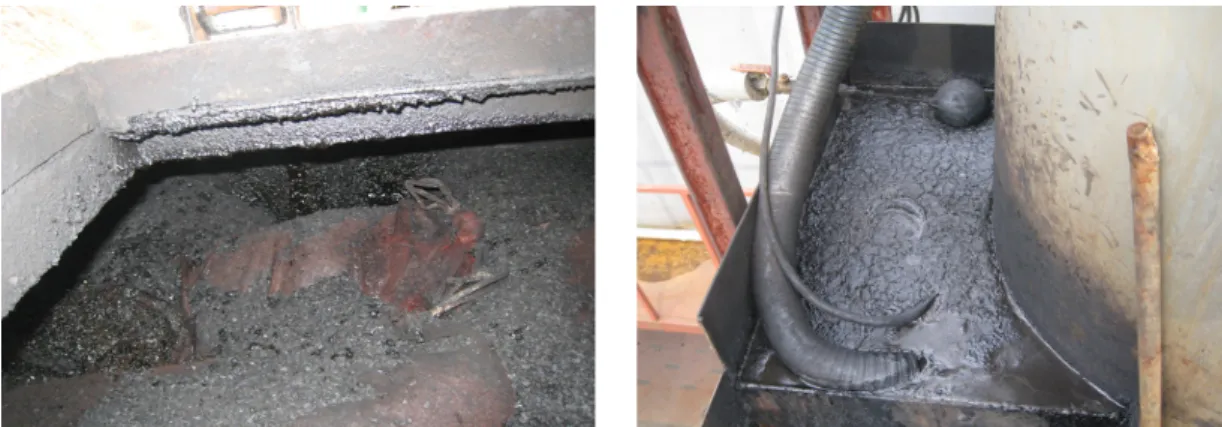 Fig. 3. Liquid tar contamination on the surface of activated carbon(left) and scrubbing water(right).