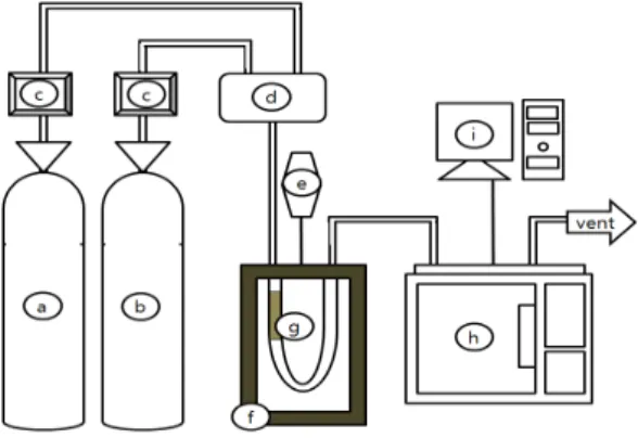 Fig. 1. Diagram of the experimental setup (a: CO 2 , b: N 2 ,  c: mass flow controller, d: mixing chamber, e: 