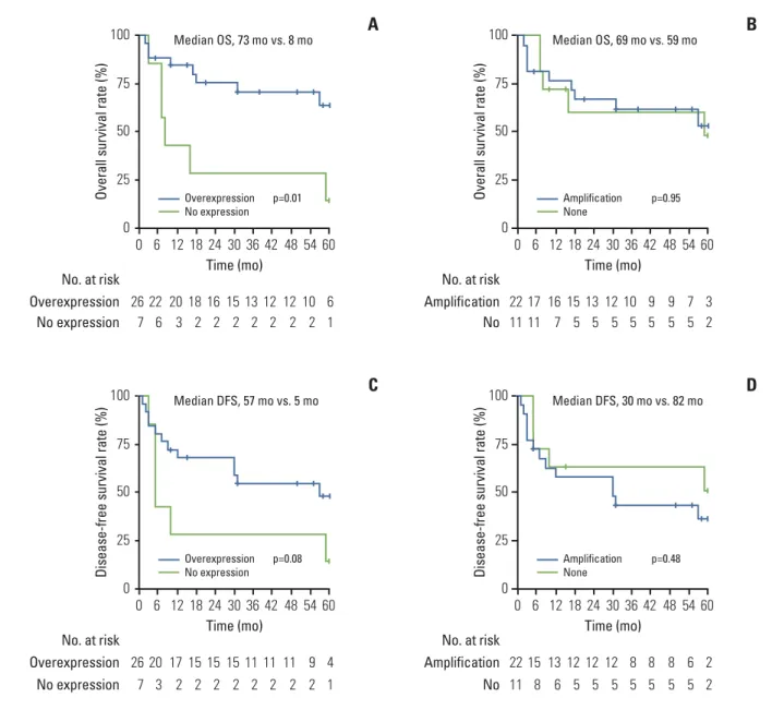Fig. 2. Kaplan-Meier curves for overall survival and disease-free survival rates. (A) Patients with SOX2 overexpression