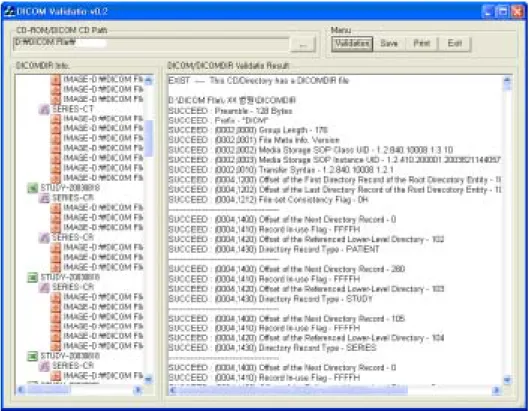 Figure  4는  PACS  CD  데이터  구성  권고안의  내용에  근거하여  개발 한  PACS  CD  데이터  검증  툴킷을  사용하여  PACS  CD  CR  데이터의  DICOMDIR을  분석한  예를  화면에서  보여주고  있다