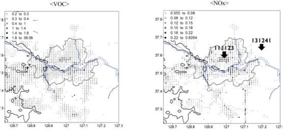 Fig. 3. VOC and NOx distribution of the Seoul metropolitan and its surround. Thick arrows indicate the sites number at  Hoyje(111123) and Gumgok (131241) for process analysis.