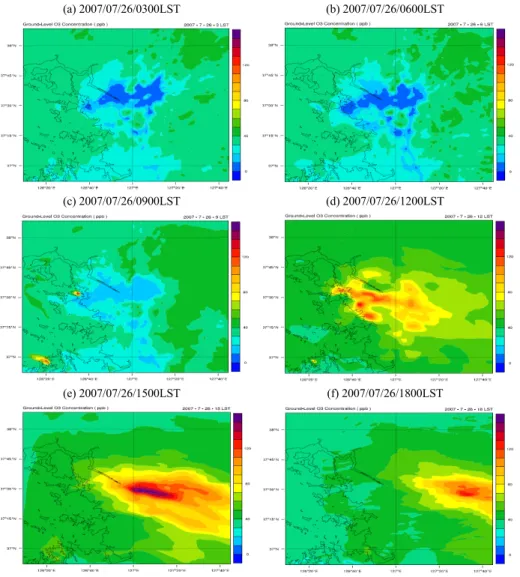 Fig. 5. The horizontal distribution of ozone concentration calculated by case Base from 0300LST to  1800LST 26 July 2007 with three hour intervals