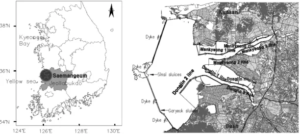 Fig.  1  Location  of  the  saemangum  waterproof  embankment  construction대교  교량공사를  위한  공사용  가도축조에  시공된바  있다.지오텍스타일 튜브공법에 대한 국내외의 연구동향 및 시공사례를 살펴보면 1998년 조삼덕에 의해 국내에 처음 소개된 이후 실험적  실내모형시험,  수치해석  및  시공사례  분석  등을  중심으로 이루어져 왔다