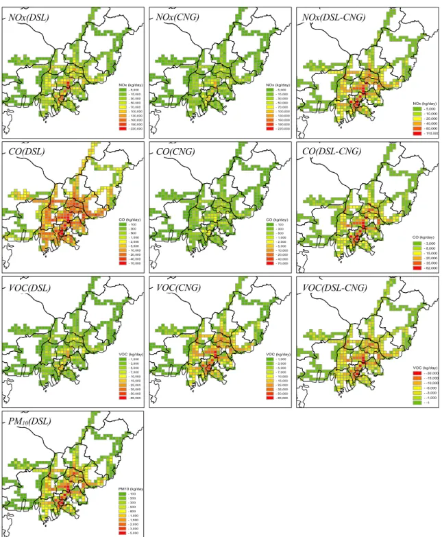 Fig. 3. Gridded emissions(grid 1km × 1km, kg/day) from line source in the Busan metropolitan