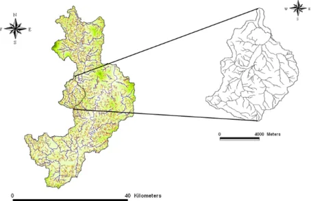 Fig. 1. Location and boundary of the Oenam-cheon watershed.주암호는 주변이 대부분 산림으로 둘러싸여 있으며 유역 내에 소규모 농공단지 이외에는 산업시설이 없으므로 산업체에 의한 오염우려는 적다