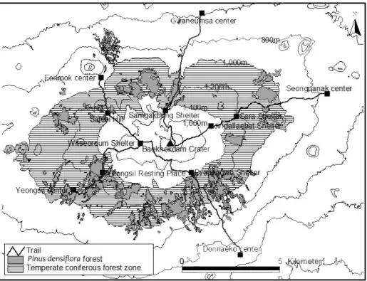 Table 1. Geographical characteristic and area of Pinus densiflora forests on each region Fig