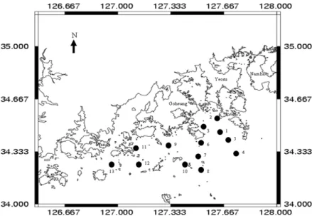 Fig. 1. Sampling locations in the southern coasts of Korea.