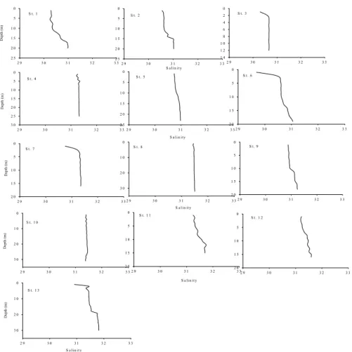 Fig. 3. Vertical distribution of salinity in August 5-7 (1 st  field survey), 2009. 